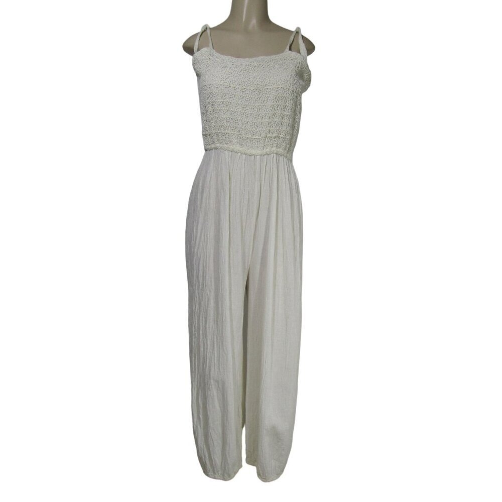 VTG Crinkle Gauze M L Crochet JUMPSUIT Boho Retro Hippie Festival Ivory Relaxed